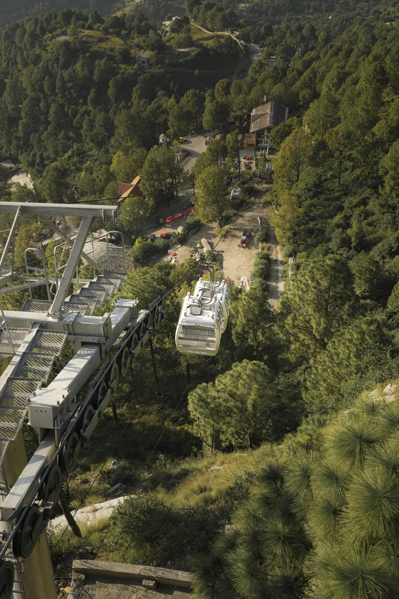 Looking down the cable line into the valley from above