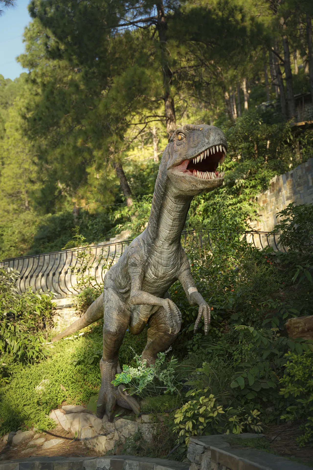 A full-length raptor stalking through ferns on a forest slope